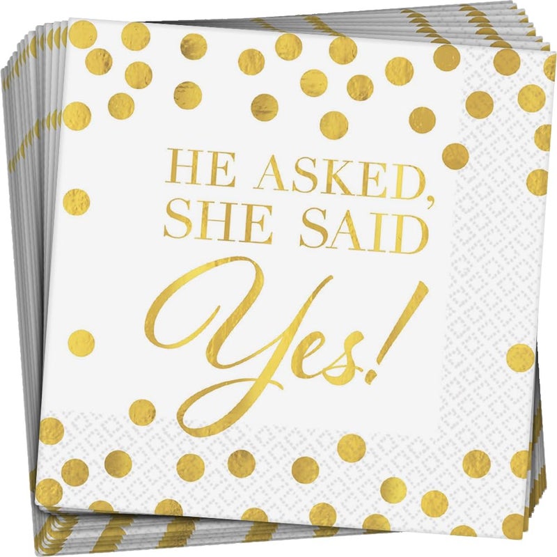 Amscan Elegant Gold & White "He Asked, She Said Yes!" Hot Stamped Beverage Napkins - 5" x 5" (Pack Of 16) | Sturdy Paper Materials | Perfect For Weddings & Engagements Celebrations - Image 1